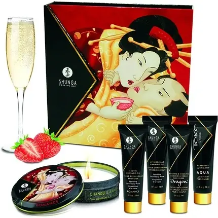 Comandă acum Set cadou baie Shunga Geisha‘s Secrets, ulei masaj aromă căpșuni