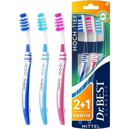 Periuta de dinti, Dr. Best, Classic, set 3 buc, albastru/roz Livrare rapidă