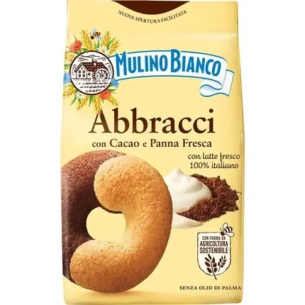Noutate Biscuiți Mulino Bianco, Abbracci, cacao și smântână, 350g