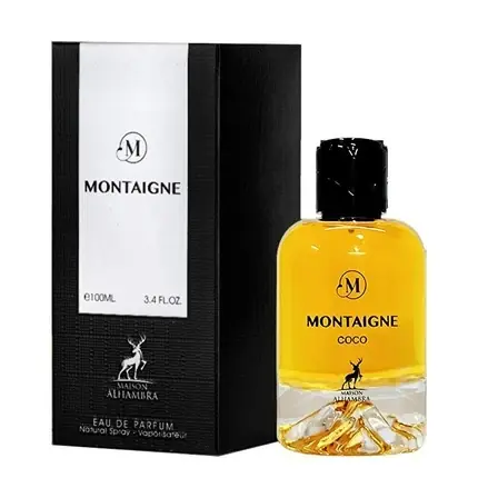 Discount Eau de Parfum Montaigne Coco, Maison Alhambra, 100ml, cu sticlă transparentă și dop negru