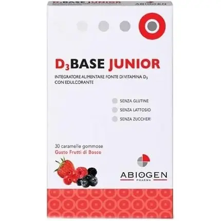 Reducere de preț Abiogen Pharma D3 Base Junior, Integrator alimentar cu vitamina D3, gust de fructe de pădure, 30 bucăți