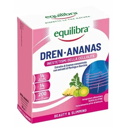 Integrator alimentar Drenananas, Equilibra, Anti-Cellulite, cutie cu 14 stick-uri, 200mg extract ananas Ofertă limitată