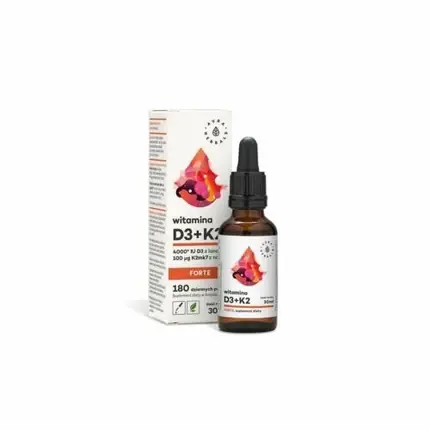 Aura Herbals, Vitamina D3 + K2 Forte Drops, 30ml, 100mcg K2 MK-7 + 4000 IU D3, Sticlă maro Preț promoțional