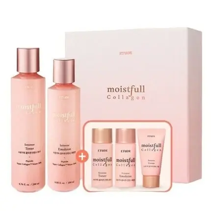 Cel mai vândut Set Îngrijire Facială Etude House Moistfull Collagen, Set complet (Toner + Emulsie), Pachet cadou roz