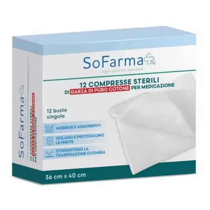 Premium Compresse Sterile Sofarmapiù Cotton Compress 36x40, 12 bucăți, 100% bumbac