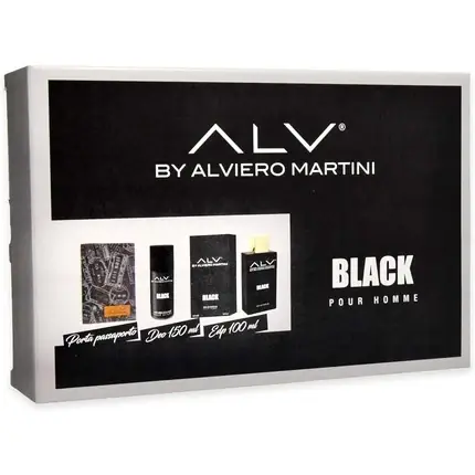 Set Cadou ALV By Alviero Martini Black Pour Homme, Parfum 100ml Spray, Deodorant 150ml, Portbani Reduceri