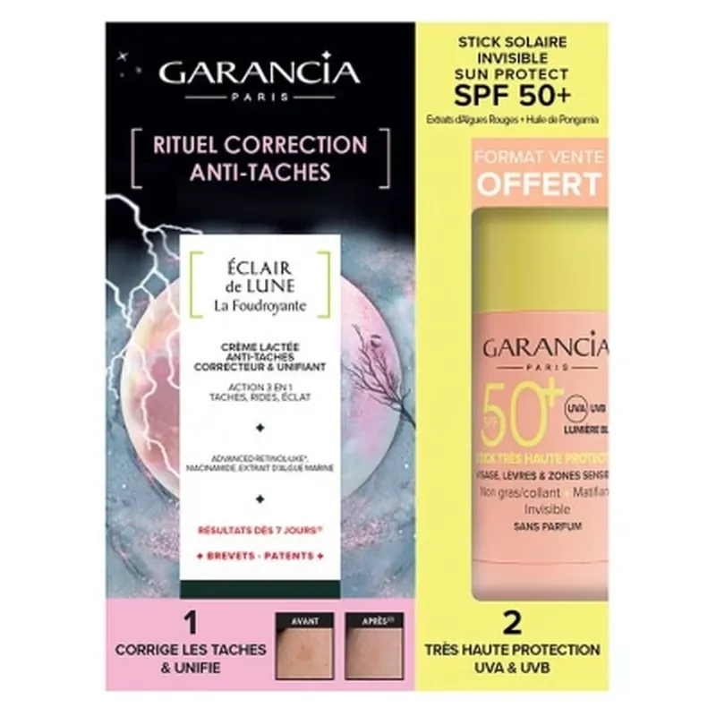 Preferatul clienților Garancia Eclair de Lune La Foudroyante Cremă anti-pete 30 ml + Stick pentru față, buze și zone sensibile SPF50+ 15 g cadou