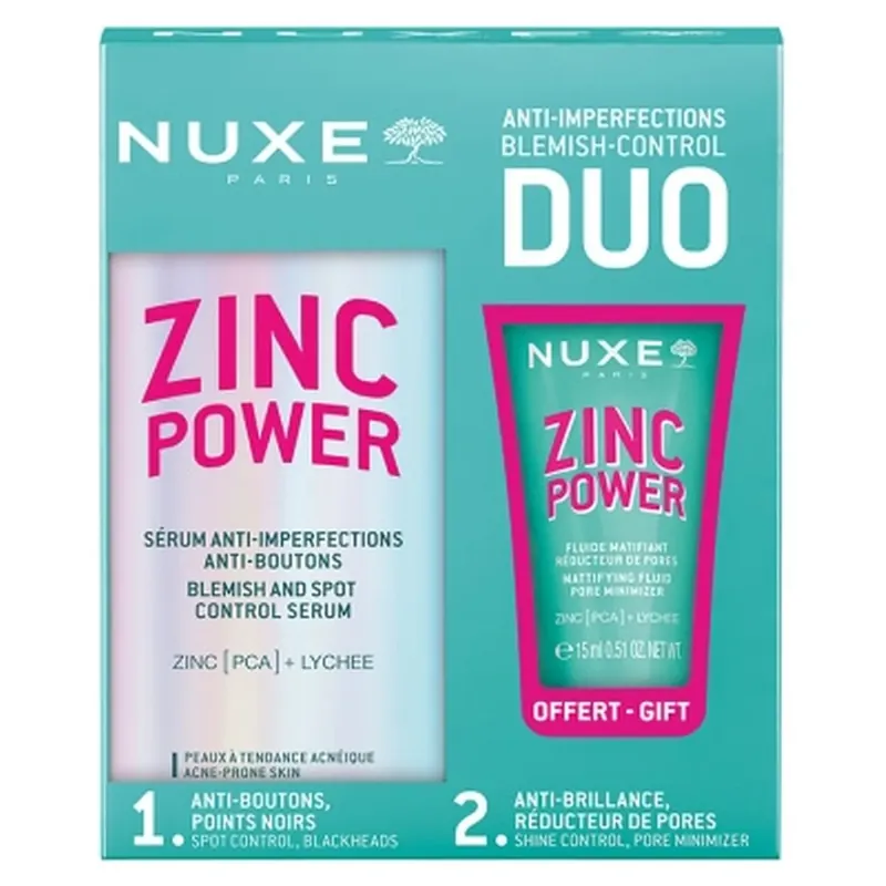 Nu rata Nuxe Zinc Power Ser anti-imperfecțiuni și anti-coșuri 30 ml + Fluid matifiant pentru reducerea porilor 15 ml cadou