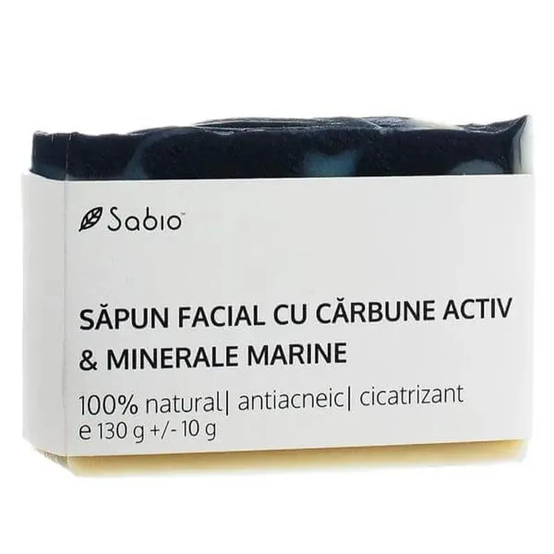 Reducere extra Săpun facial natural cu cărbune activ și minerale marine, 130 g, Sabio