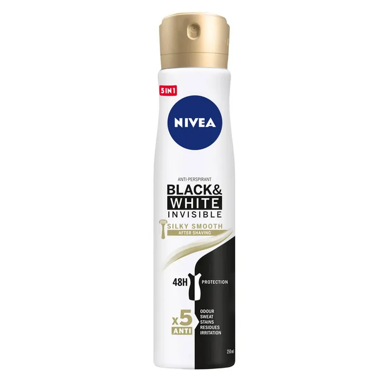 Noutate Nivea, spray antiperspirant, Invisible Black & White, Silky Smooth, 250 ml