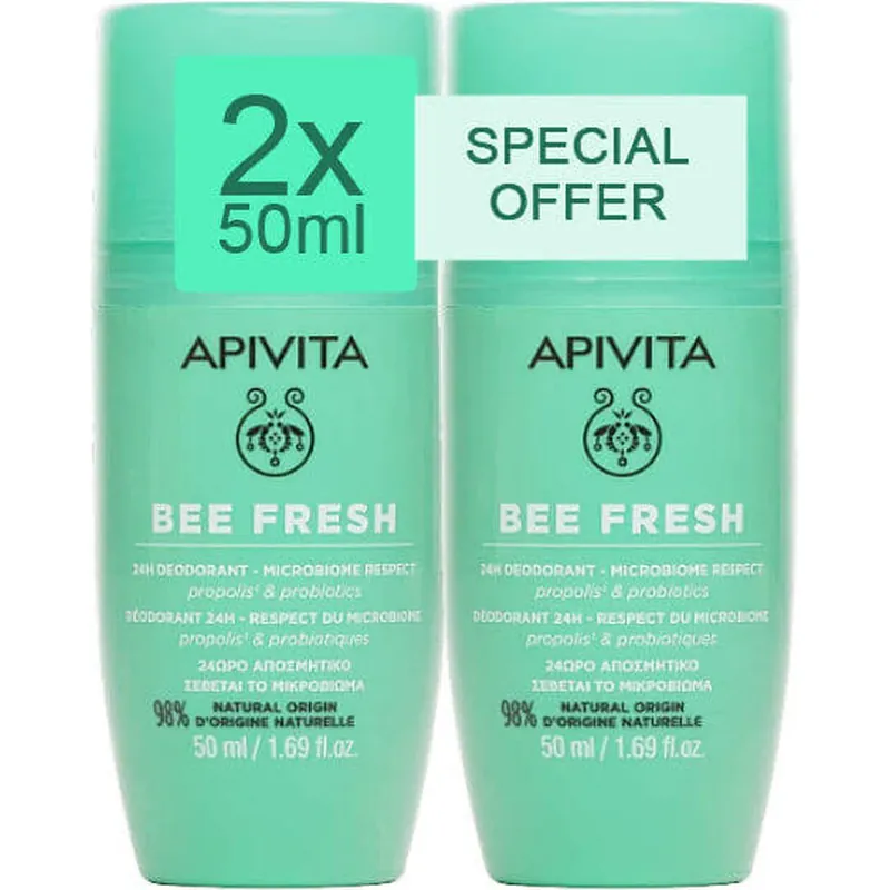 Apivita Bee Fresh Deodorant 24h sub formă de Roll-On Fără aluminiu 2x50ml Preț redus