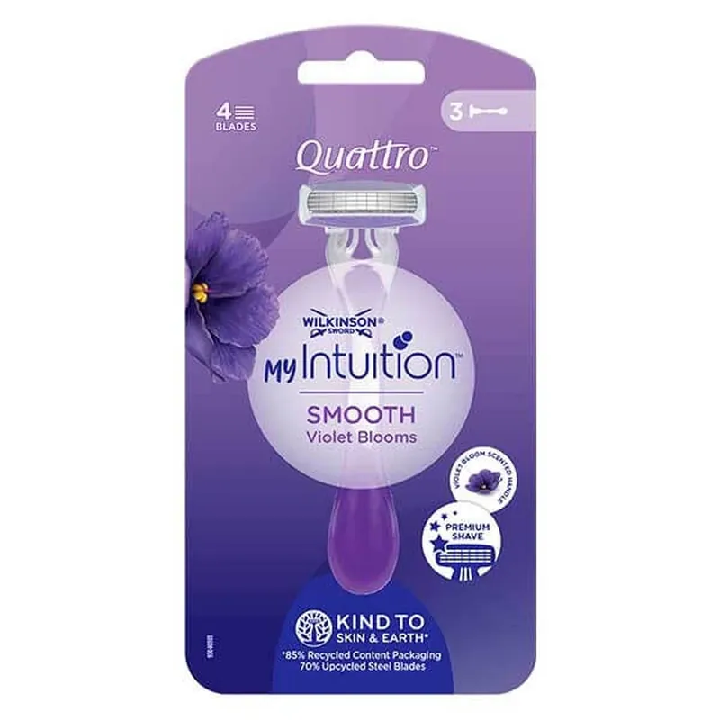 Plată sigură Wilkinson My Intuition Quattro Smooth Violet Bloom Aparat de ras de unică folosință pentru femei, 3 bucăți