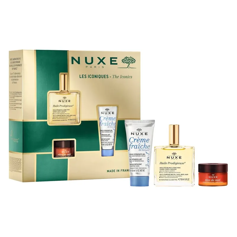 Lichidare de stoc Nuxe Bestsellers set Huile Prodigieuse, ulei uscat, 50 ml + balsam de buze hrănitor, 15 g + cremă hidratantă 3 în 1, 100 ml