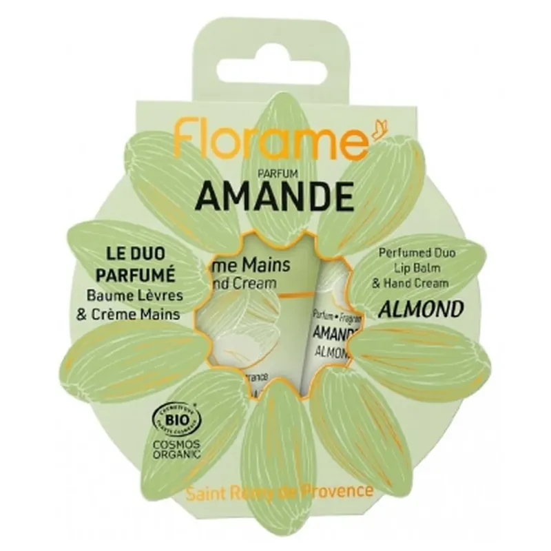 Preferatul clienților Florame Duo-ul parfumat cu migdale balsam de buze 15 ml + cremă de mâini 30 ml, produse ecologice