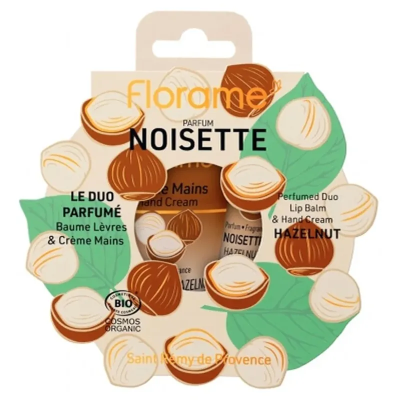 Florame Duo-ul parfumat cu aromă de alune balsam de buze 15 ml + cremă de mâini 30 ml, produse ecologice Ofertă exclusivă