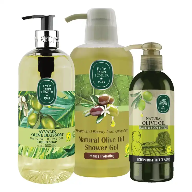 Chilipir Pachet Olive Blossom, Gel de dus, 600 ml + Sapun lichid, 500 ml + Lotiune de maini si de corp, 250 ml Eyup Sabri Tuncer