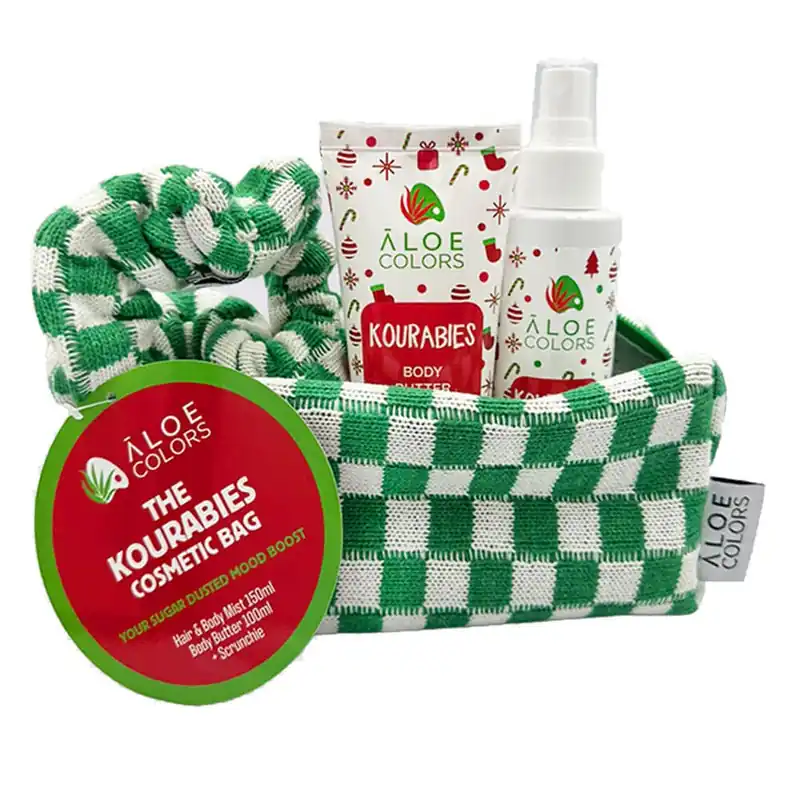Vezi acum Aloe+ Colors The Kourabies Geantă cosmetică cu brumă pentru păr și corp 150ml, unt de corp 100ml și elastic