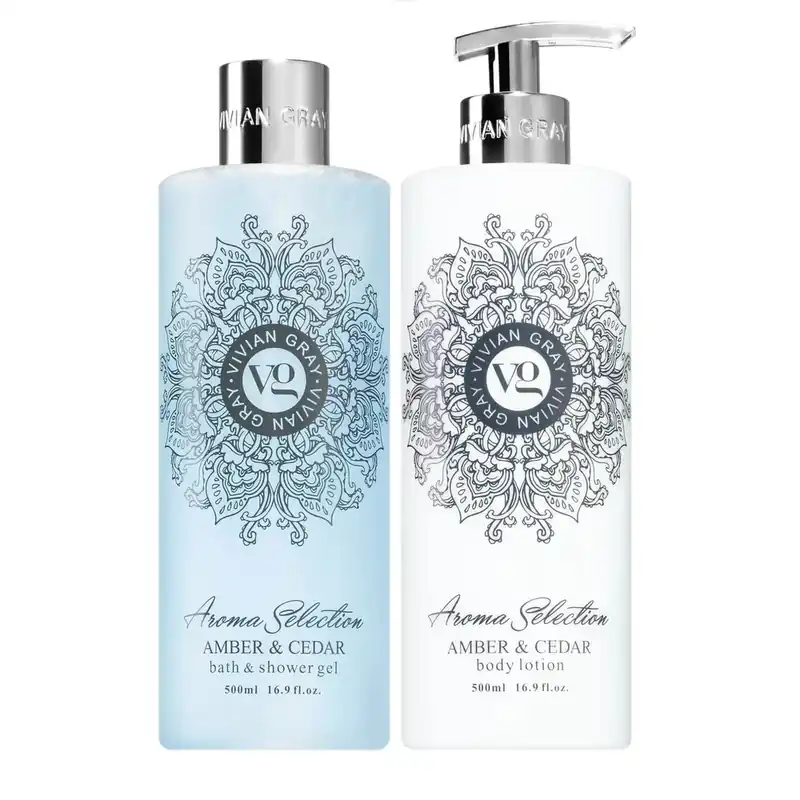 Disponibil imediat Set Gel de dus si lotiune de corp Amber & Cedar, Aroma Selection, 2 x 500 ml, Vivian Gray