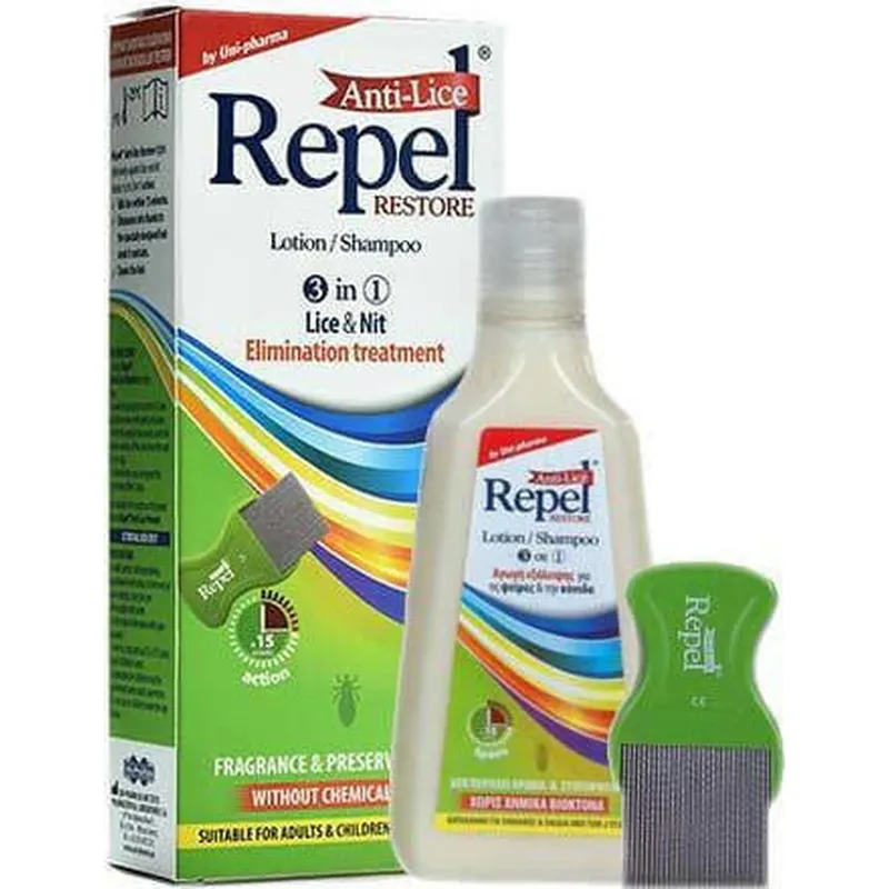 Premium UNI-PHARMA Repel Anti-lice Restore 3 in 1 Tratament împotriva păduchilor Șampon & Loțiune 200ml