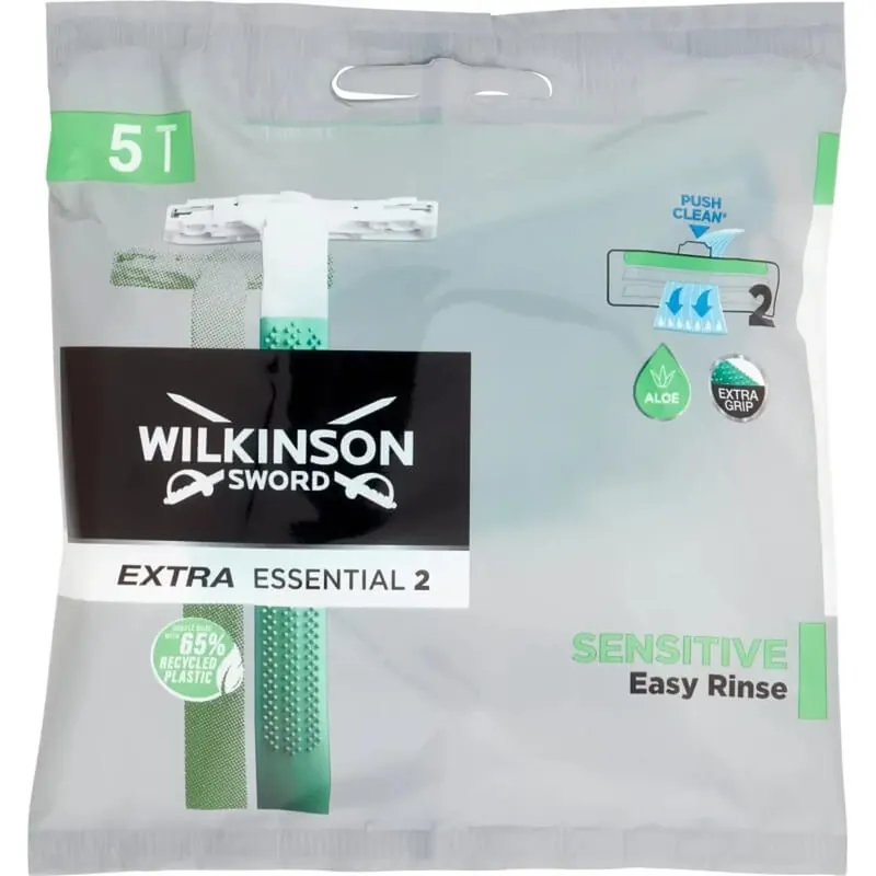 Wilkinson Extra Essential 2 – 5 aparate de ras de unică folosință cu două lame, pentru pielea sensibilă, cu aloe și sistem „easy rinse” Reducere extra