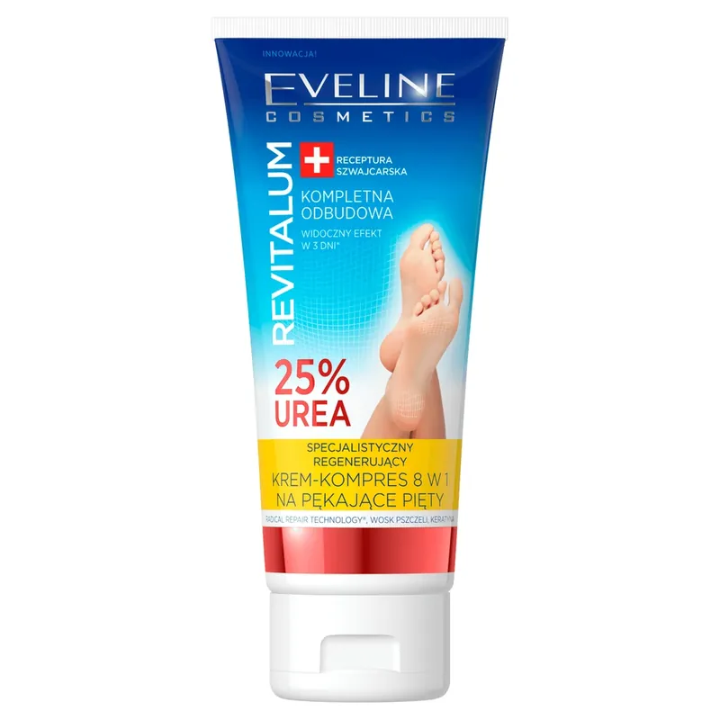 Retur ușor Eveline Cosmetics Revitalum, Cremă-compresă 8 în 1 regeneratoare specializată pentru călcâiele crăpate, 100 ml