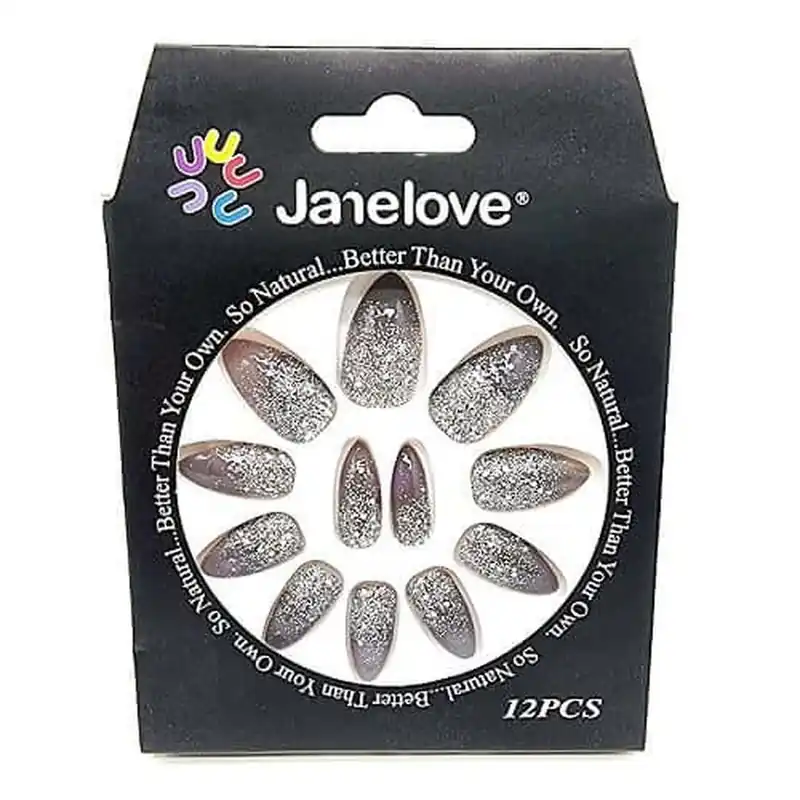 Reducere de preț Set 12 Unghii False Degrade cu Sclipici, Janelove, Gri
