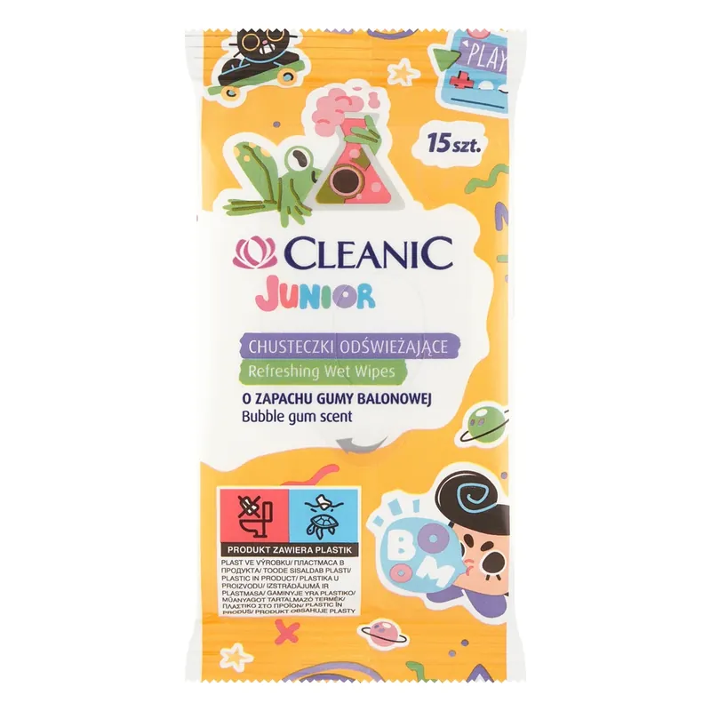 Ofertă limitată Cleanic Junior, șervețele răcoritoare cu lichid antibacterian, cu aromă de gumă de mestecat, 15 bucăți