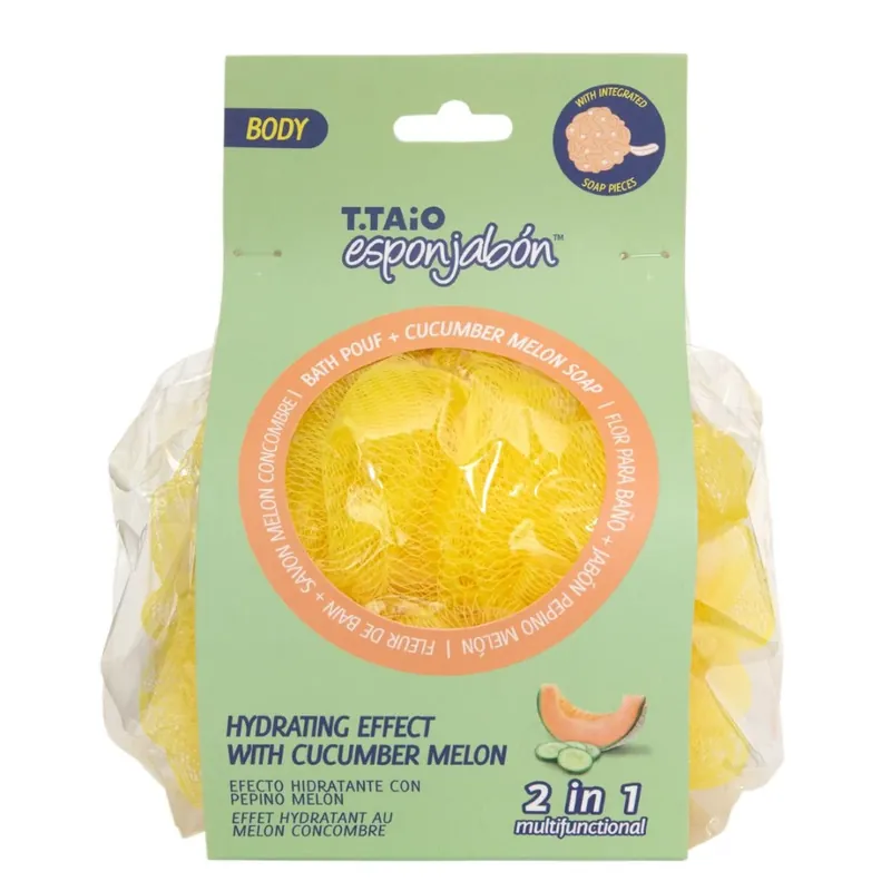 2 in 1 Burete de dus cu plasa exfolianta si sapun incorporat, cu parfum de castraveti si pepene galben, efect hidratant, Esponjabon, 1 buc Mai ieftin