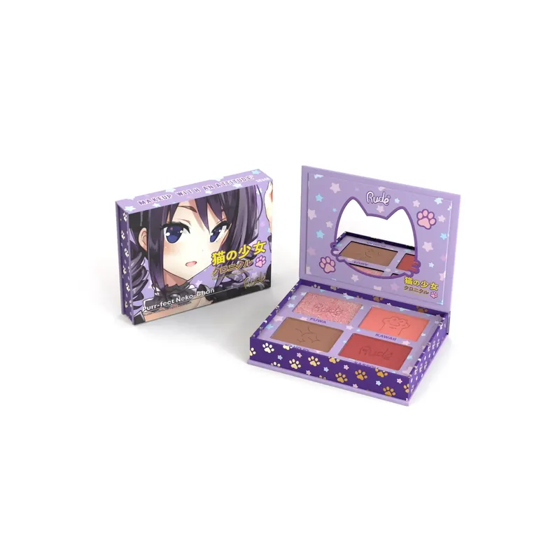 Popular Paleta 4 in 1 pentru fata - 2 x blush, 1 x iluminator, 1 x contour, Purr-fect Neko-Chan, Manga Collection, Rude Cosmetics, 4 nuante