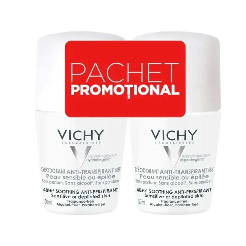 Super ofertă Pachet Deo Roll-on Antiperspirant 48h fara parfum pentru piele sensibila (50% al-2lea), 50 ml + 50 ml, Vichy