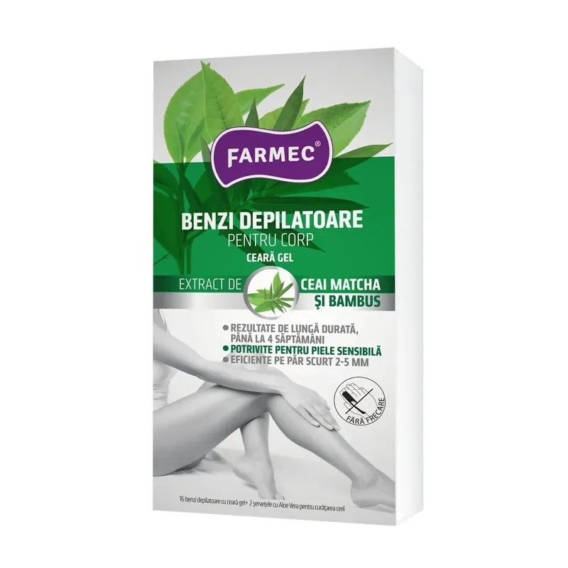 Benzi depilatoarea pentru corp, cu ceara gel Farmec, 16 benzi + 2 servetele Preț redus